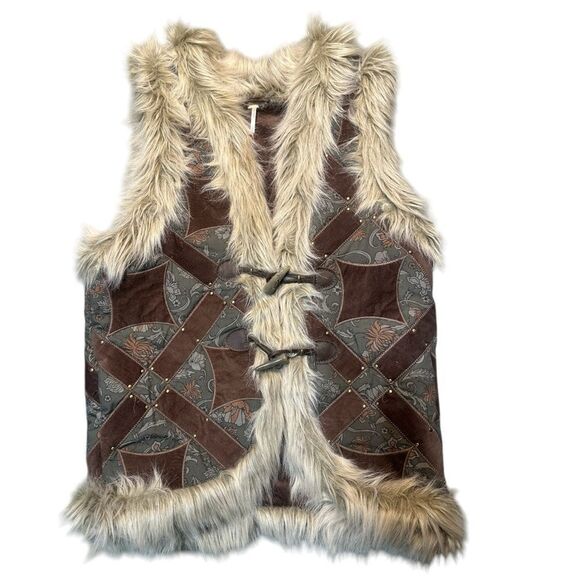 Free People Sterling Studded Patchwork Vest Steampunk Faux Fur Suede Medium - Picture 2 of 12
